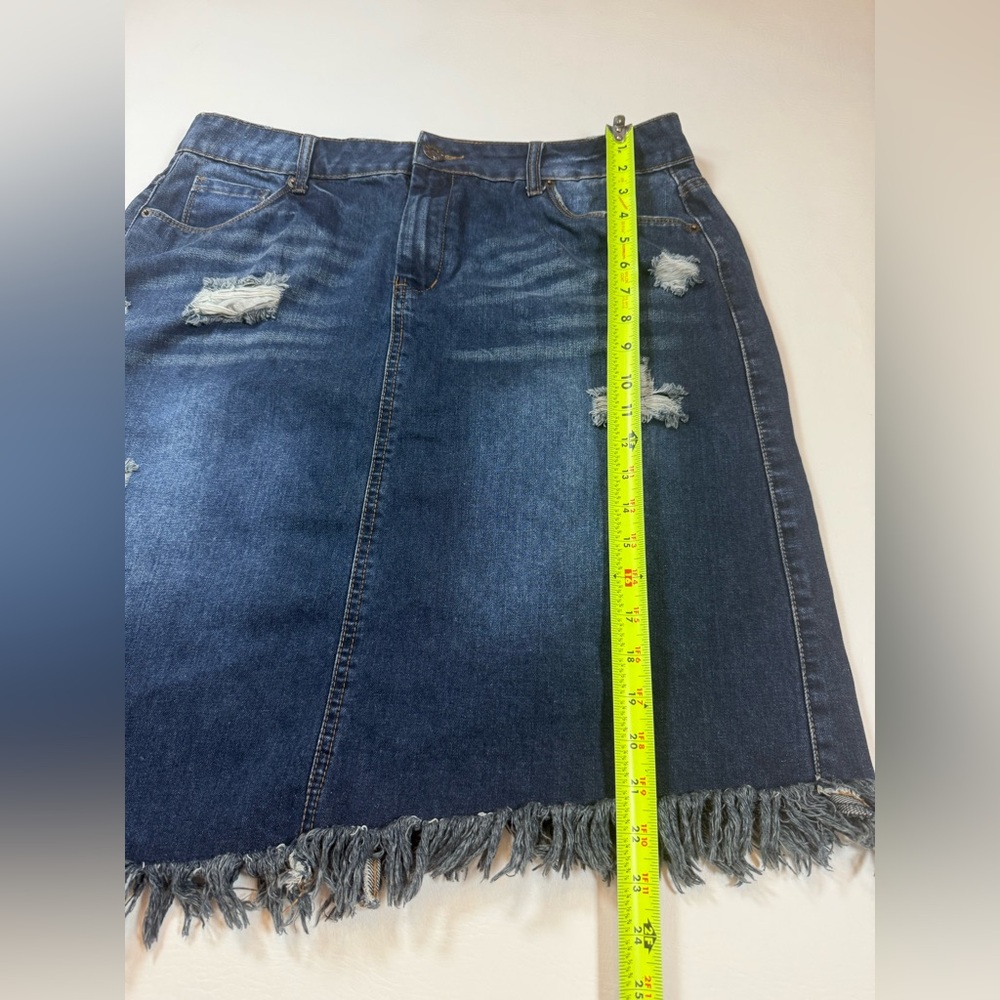 Ashley Stewart factory Distressed Asymmetrical dark blue Denim Skirt 16 (bin W) - Picture 6 of 8